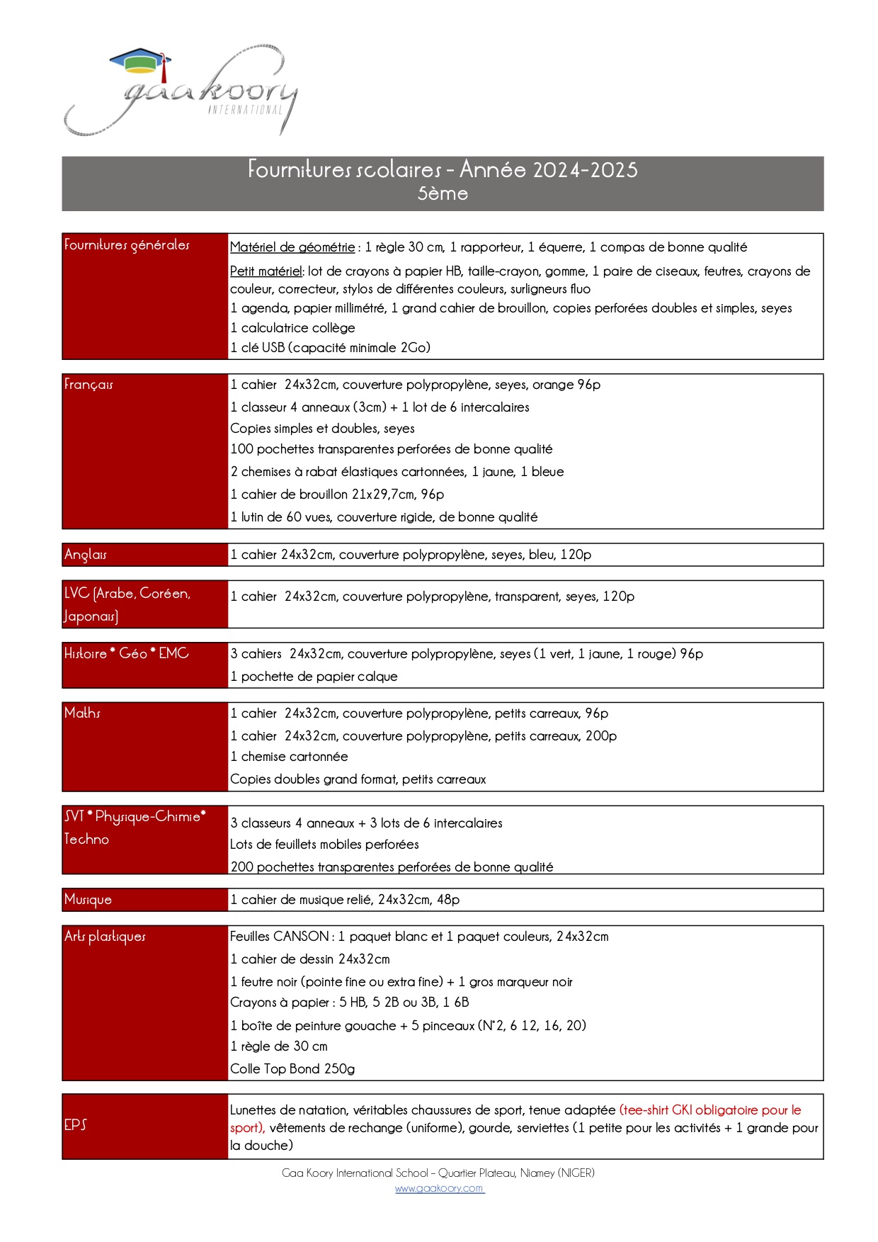 Gaa Koory International • fournitures 5e