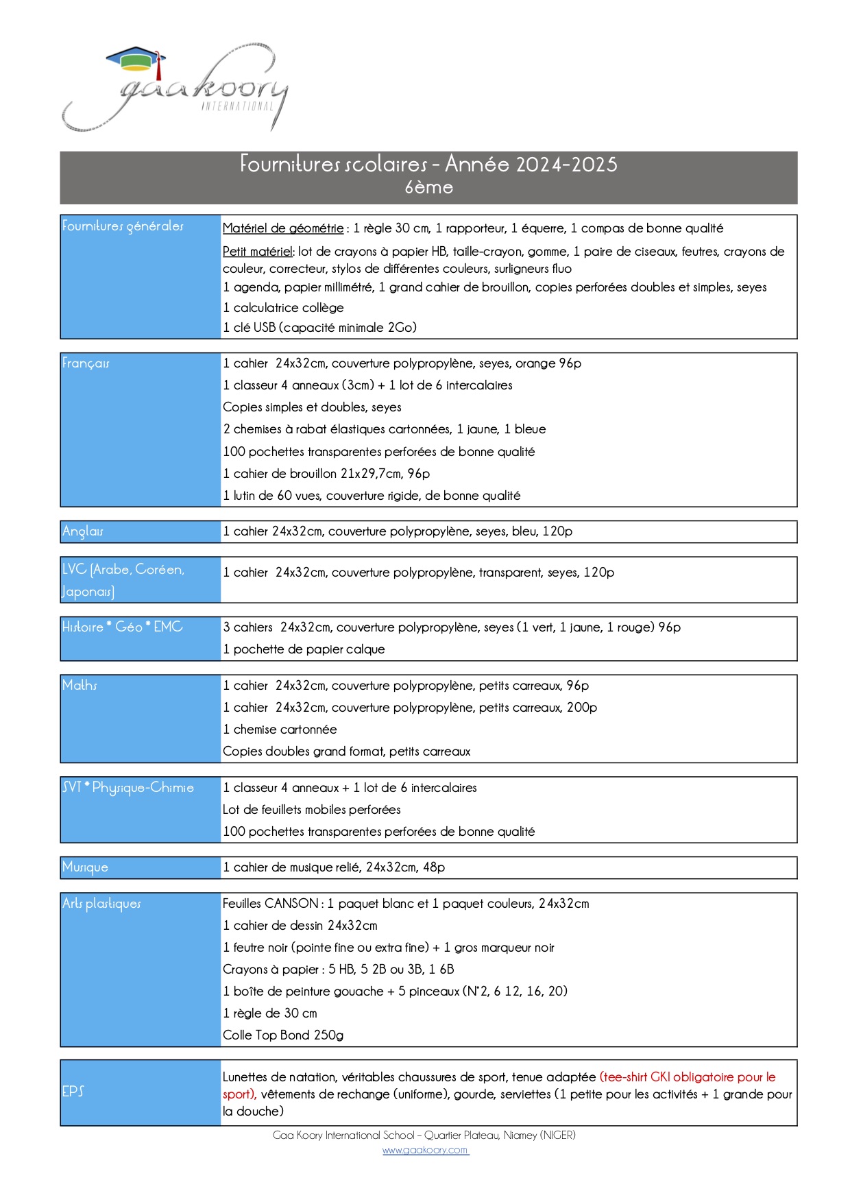 Gaa Koory International • fournitures 6e